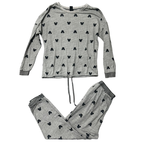 Disney Mickey Mouse Lounge Set Gray Black Pajamas 2 Piece Joggers Large - Picture 1 of 12